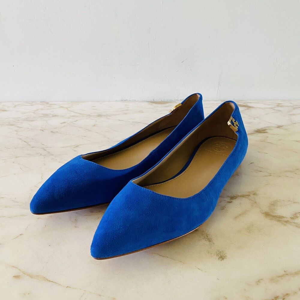 TORY BURCH Solid Blue Suede Leather Flats Gold Side Logo - US 7